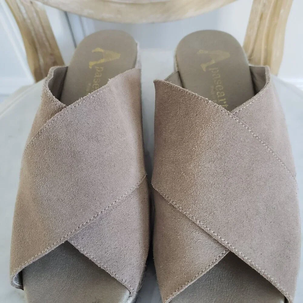 Anthropologie Paseart Tan Suede Cross Strap Ombre Wedge Espadrille Slides 10
